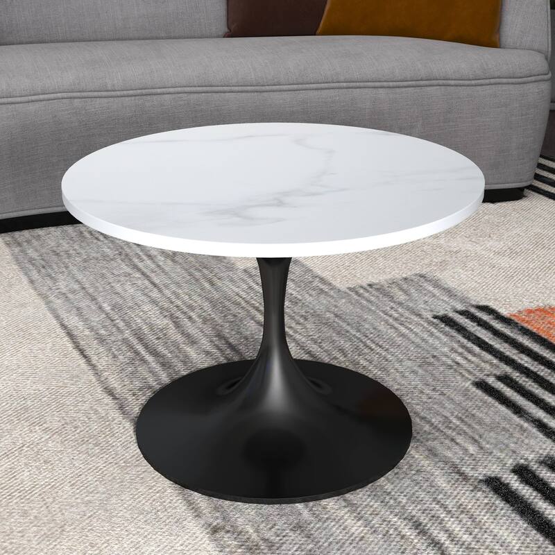 LeisureMod Verve 27" Round Coffee Table with Sintered Stone TableTop and Black Steel Base for Living & Bedroom