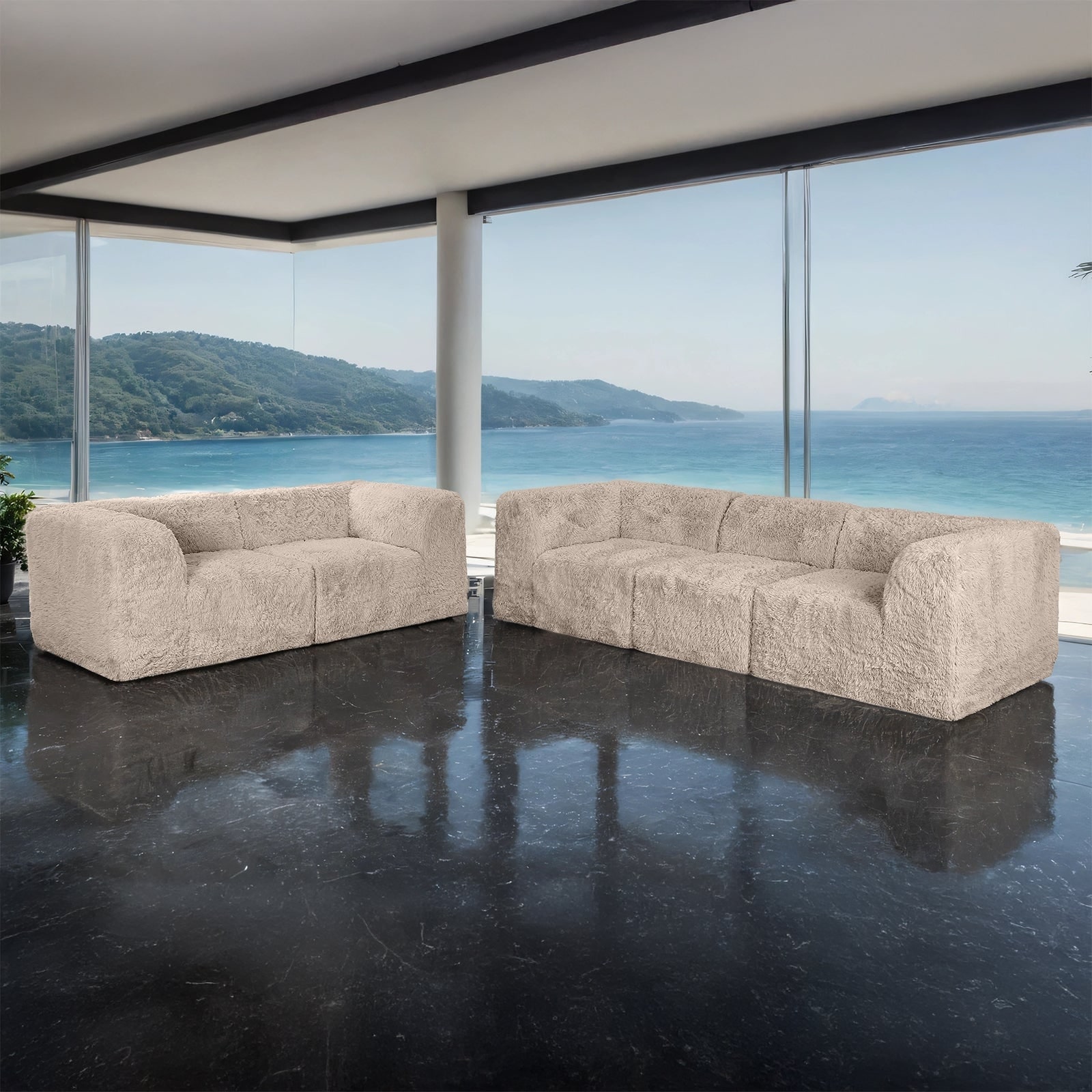 Contemporary Compressed Sofa Taupe Finish Furniture Set 2pc
