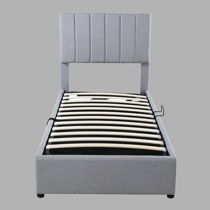 Twin Size Upholstered Bed with Hydraulic Storage, Stylish Vertical Stripe Headboard - Grey - Twin