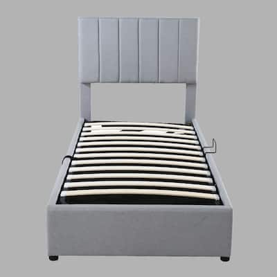 Twin Size Upholstered Bed with Hydraulic Storage, Stylish Vertical Stripe Headboard