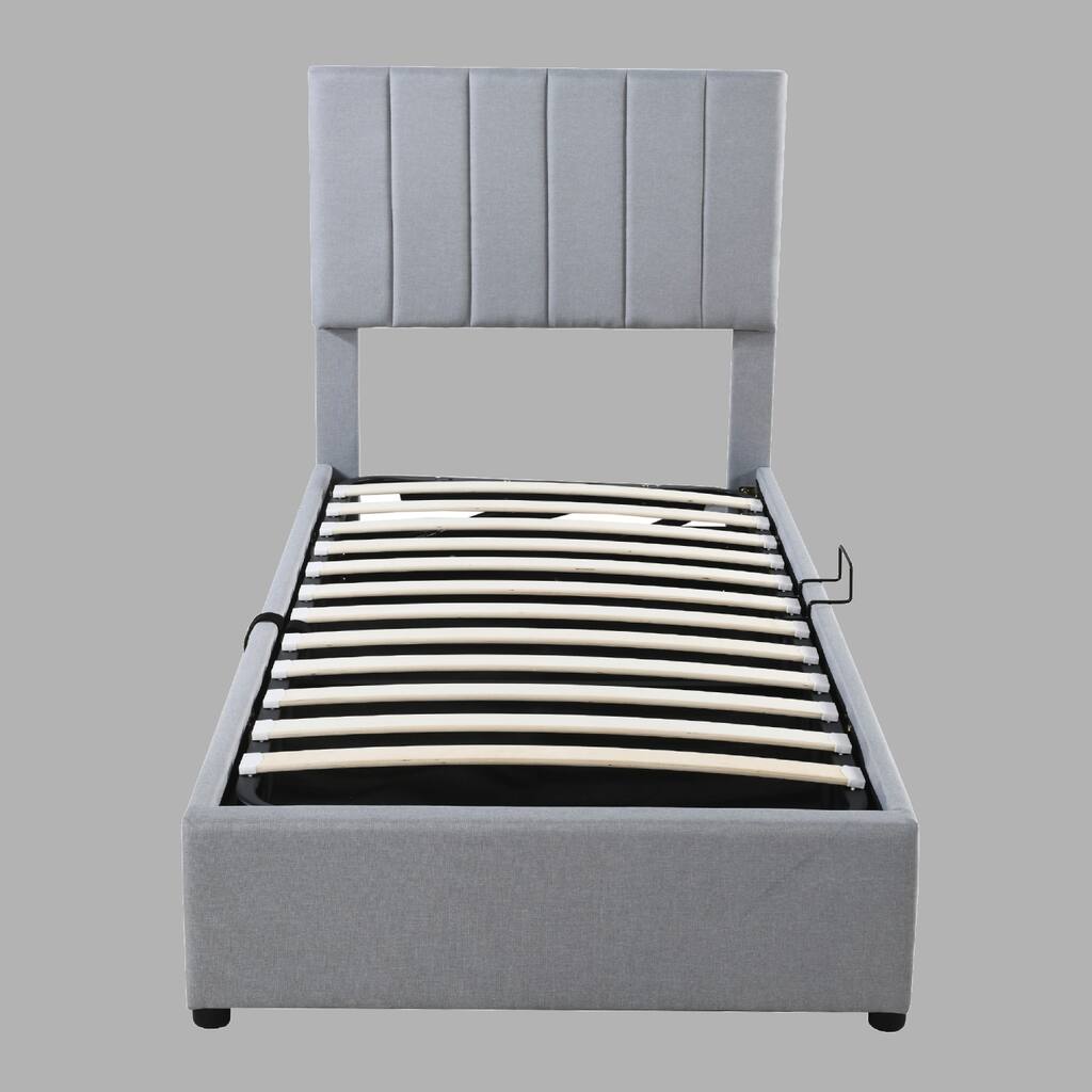 Twin Size Upholstered Bed with Hydraulic Storage, Stylish Vertical Stripe Headboard