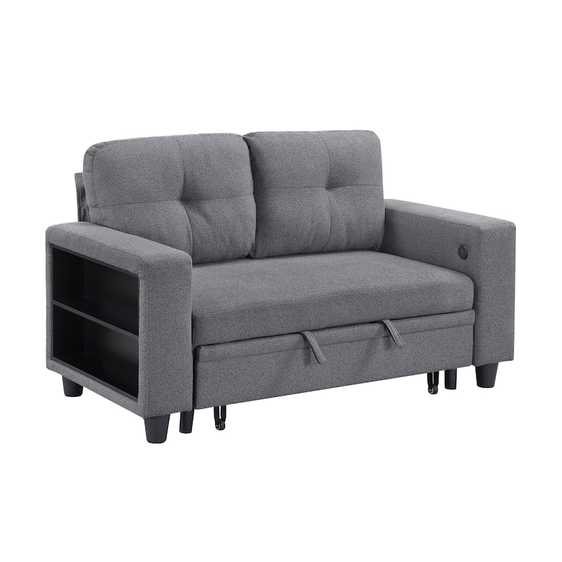 Hazel 56.5" Boucle 2-Seater Loveseat - Pull-out Bed, Shelves, USB Port - Gray (Boucle)