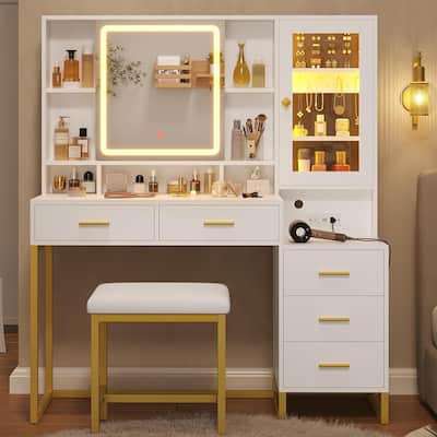 Makeup Vanity with Stool Charging Station Jewelry Storage RGB Lights 5 Drawers Shelves
