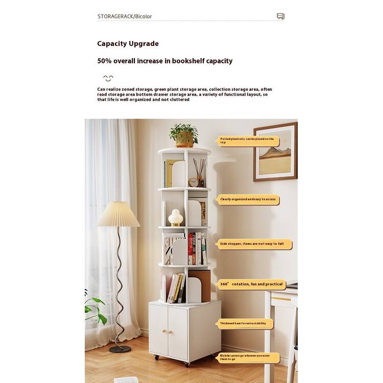 360 Degree Display 5 Tier Corner Bookshelf with Drawer, Floor Standing Bookcase Storage Rack, Wood Narrow Book Shelf Organizer