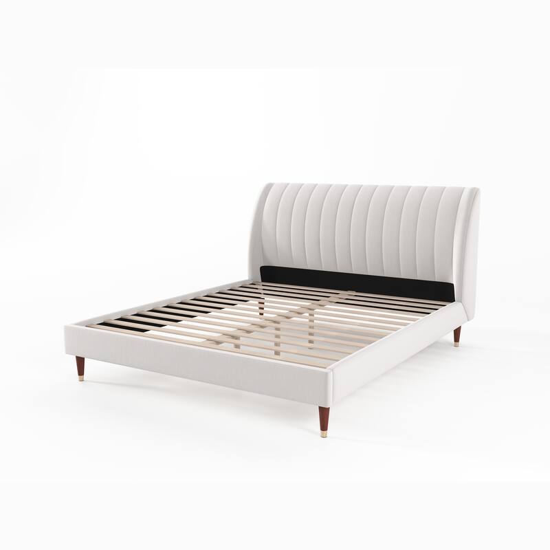 Beige Low Profile Upholstered Platform Bed with Wingback Headboard