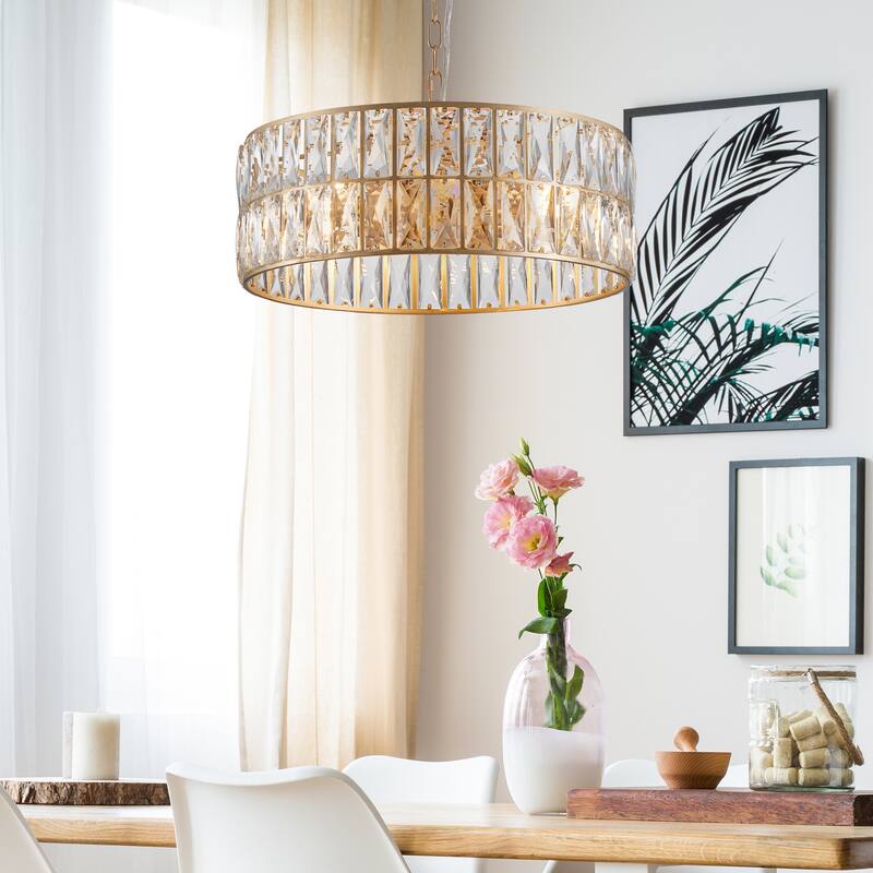 Crystal Drum Chandelier, 6-Light Pendant Lighting Fixture with Metal Frame for Living Room, Dining Room(Bulbs Not Included)