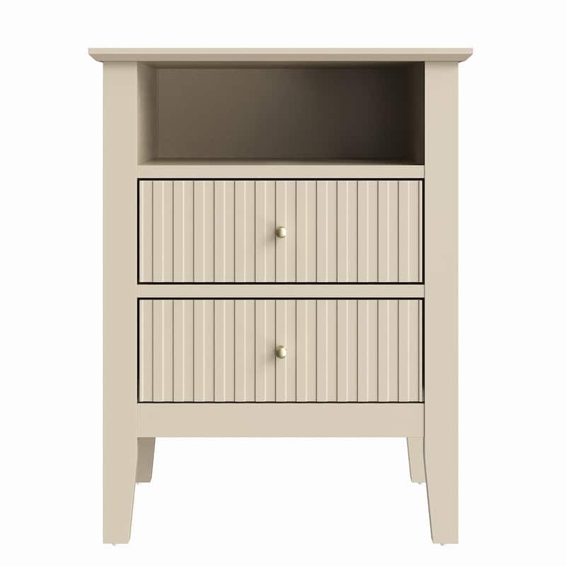 Modern Fluted Nightstand with 2 Drawers - Beige