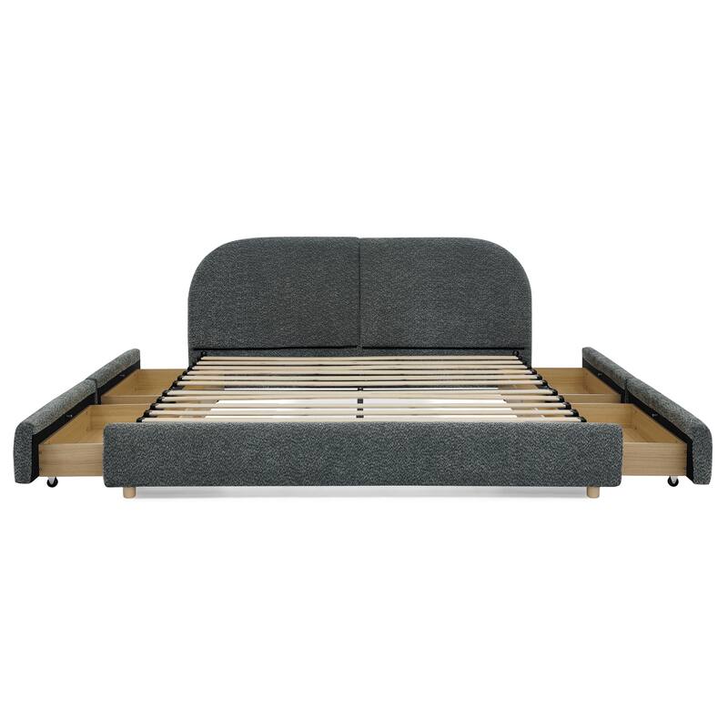 Queen Size Upholstered Bed Frame Modern Minimalist Style - Circle Yarn Fabric, Tall Curved Headboard