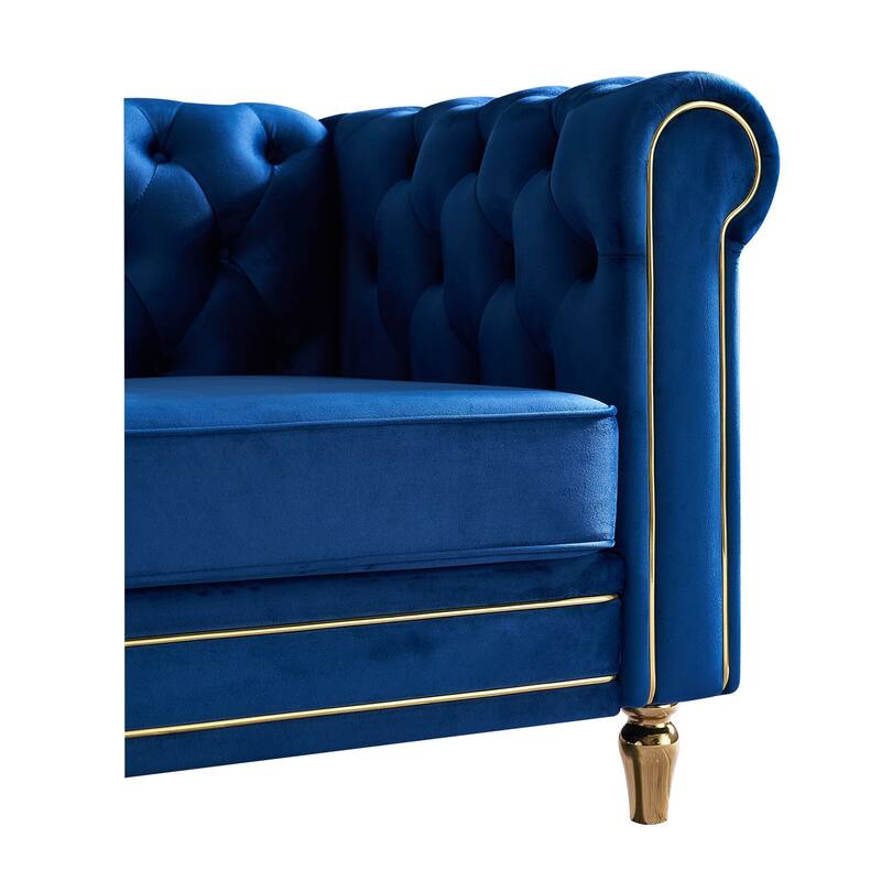 Velvet Chesterfield Sofa, 3-Seater with Rolled Arms, Tufted Back, Metal Legs for Living Room