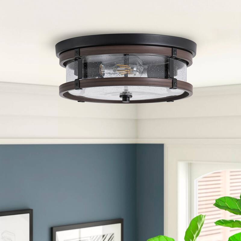 Oil Rubbed Bronze 2-Light Flush Mount Close to Ceiling Light with Seeded Glass Shade
