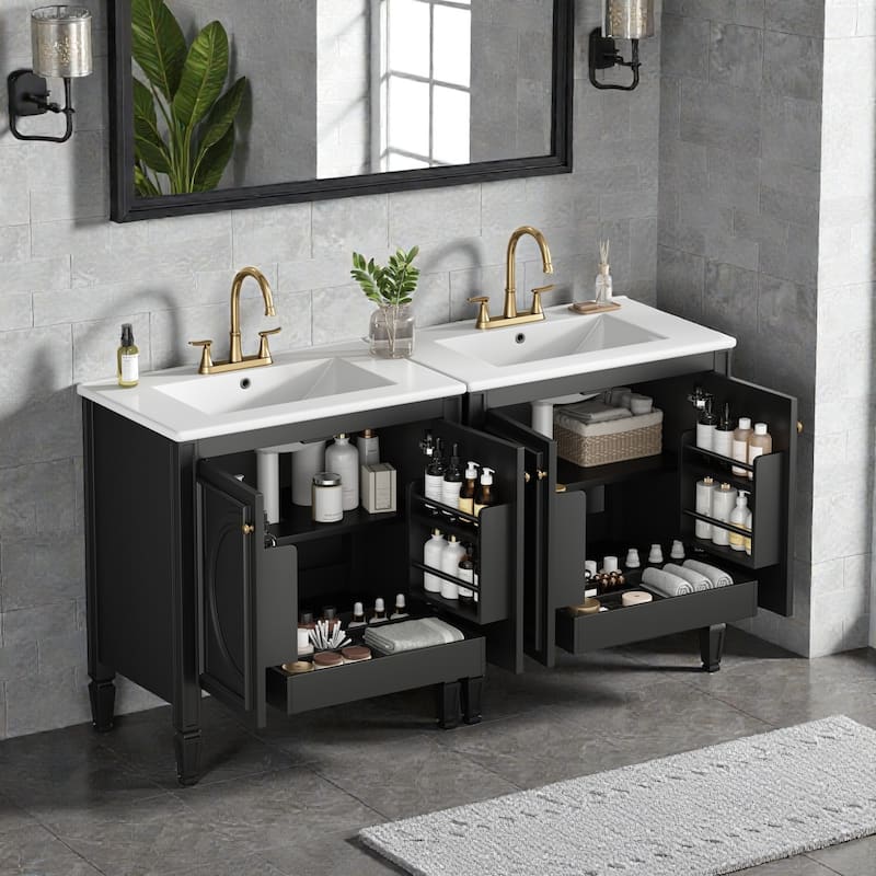 60" Double Sink Bathroom Vanity Set with Ceramic Tops, Soft-Close Doors, Storage Shelves & Drawer, Solid Wood Frame