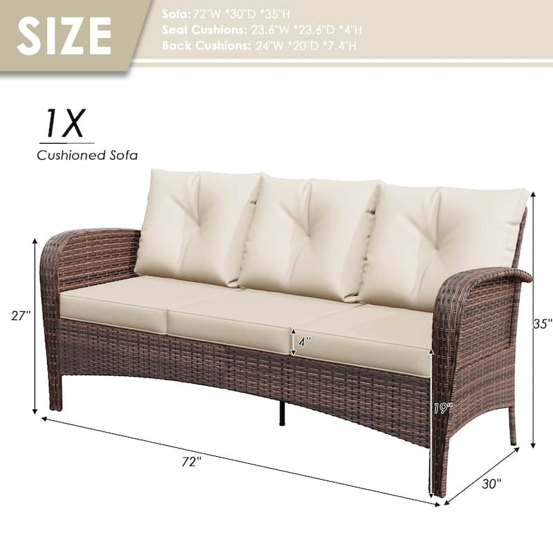 Cozywor 72"Wide 3-Seat Brown Wicker Outdoor Sofa, Couch Patio Sofa with Deep Seating and Thick Cushions, Red