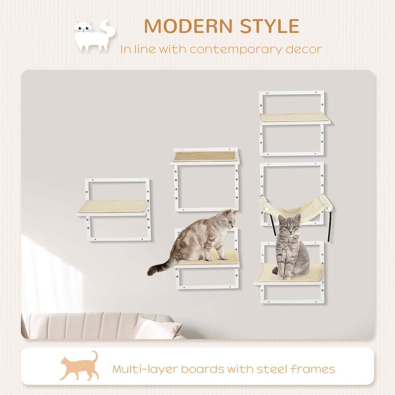 PawHut 6-pc Modern Cat Wall Shelves for Indoor Cats, Height Adjustable Jumping Platforms & Cat Hammock