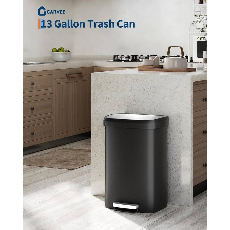 13 Gallon (50L) Plastic Step Trash Can - Kitchen Garbage Bin with Soft-Close Lid Trash Bag Holder and Rear Handle
