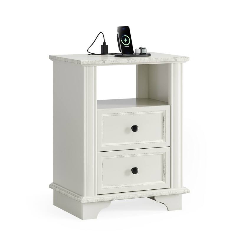 White MDF 2-Drawer Nightstand with Outlet, Black Brushed Handles, 19.7x13.8x25.8in - 1pc
