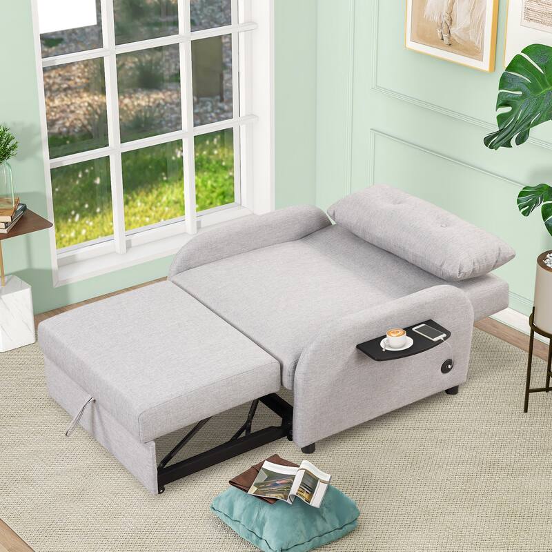 Pull Out Sofa Sleeper 3 in 1 with 2Wing Table and USB Charge for Living Room, Recreation Room