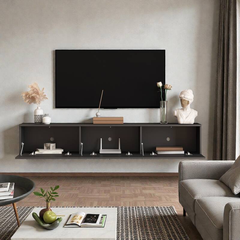 69" Wall Mounted Floating TV Console with LED Lighting, Modern Media Cabinet for 55 60 65 Inch TVs, Large Storage Shelf
