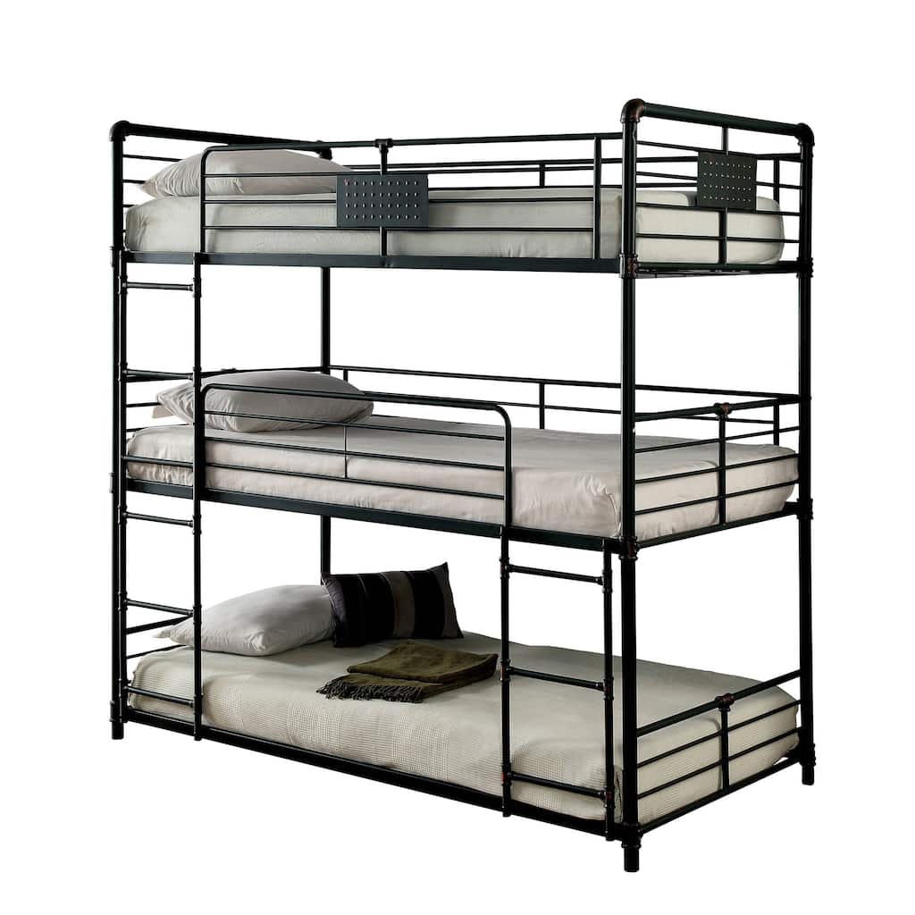 Industrial Style Full Triple Decker Bunk Bed with Ladder, Gray