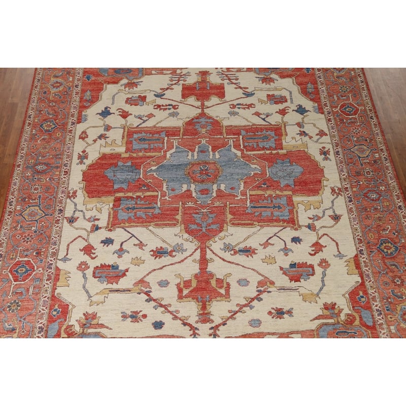 Hand Knotted Oriental 100% Wool Carpet Traditional Medallion Beige & Ivories Heriz (serapi) Area Rug - 11' 10'' X 9' 2''