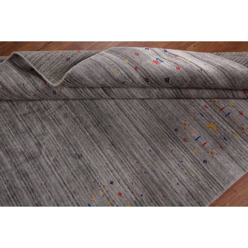 Gray & Green Striped Gabbeh Oriental Area Rug Handmade Silk Carpet - 5'2" x 7'10"