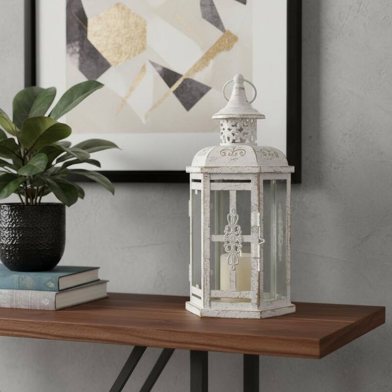 10" Clear And White Glass And Metal Distressed Tabletop Lantern Candle Holder - Clear/White