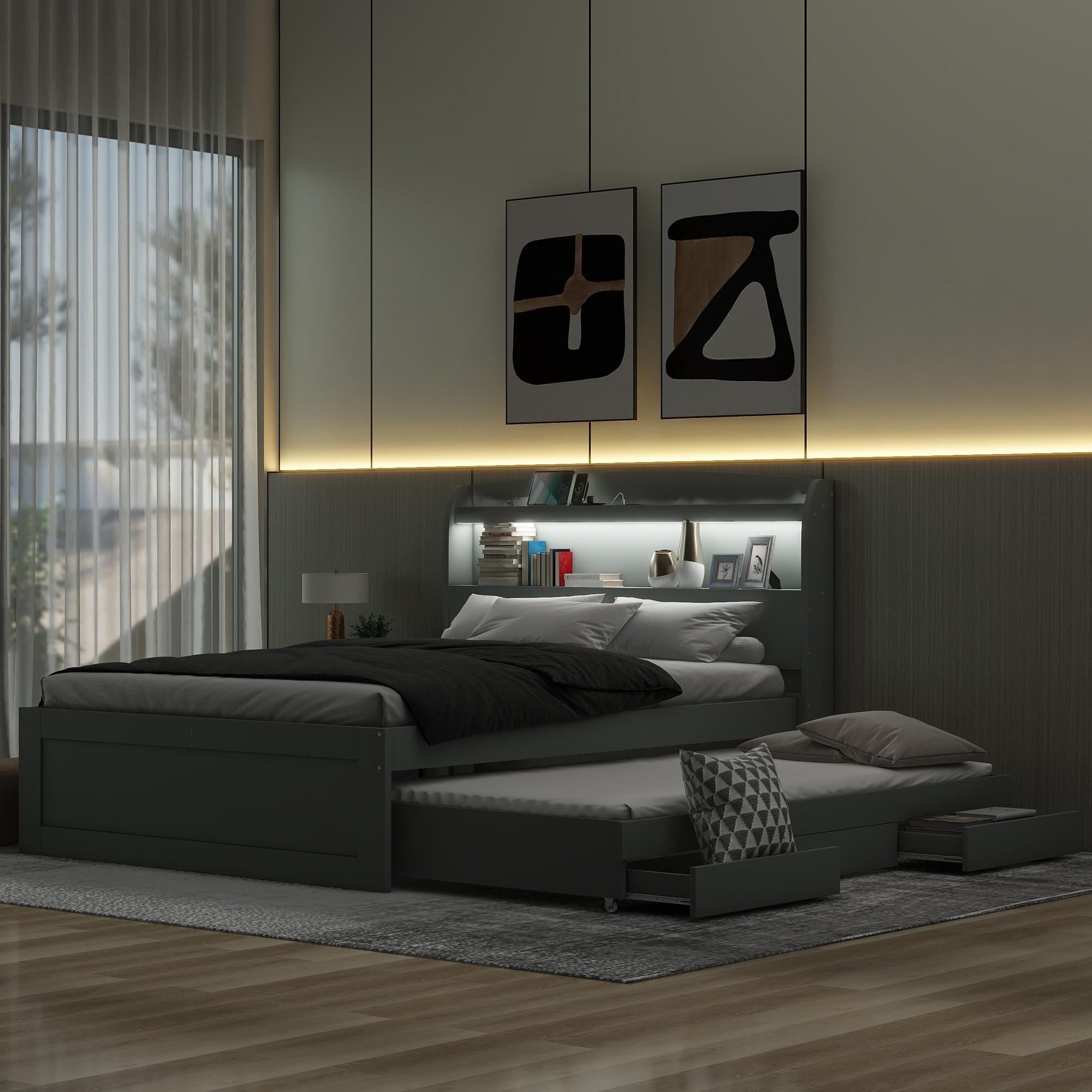 Platform Bed with Storage LED Headboard, Charging Station, Trundle and 2 Drawers