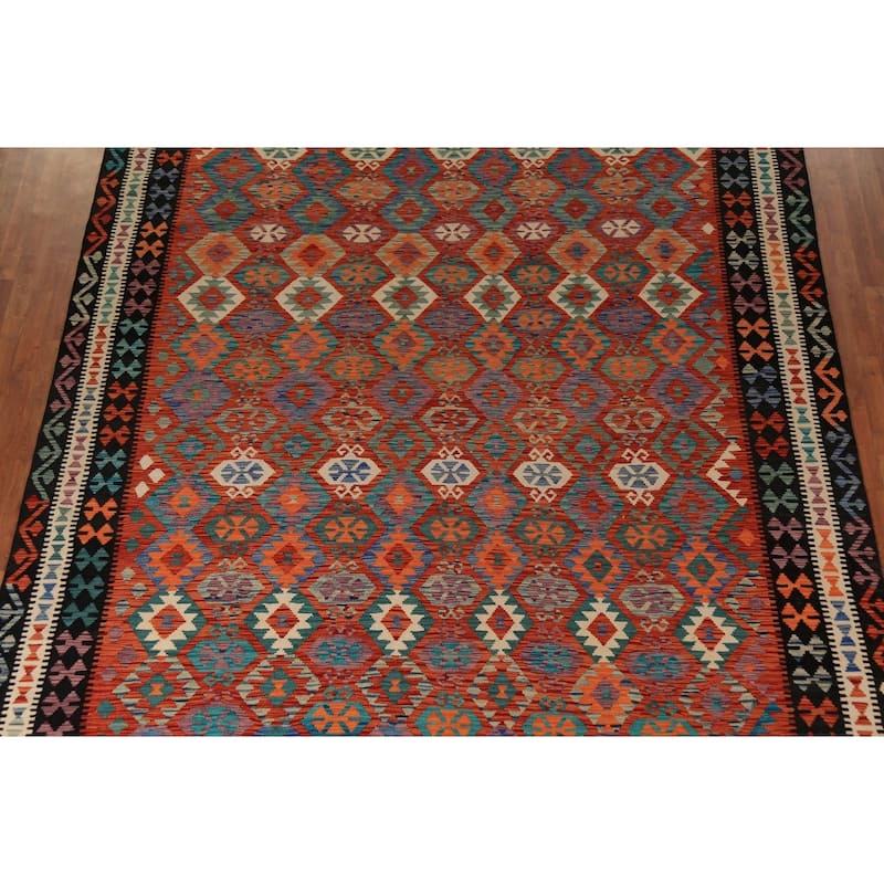 Reversible Orange Kilim Oriental Area Rug Flatweave Wool Carpet - 10'1" x 12'9"