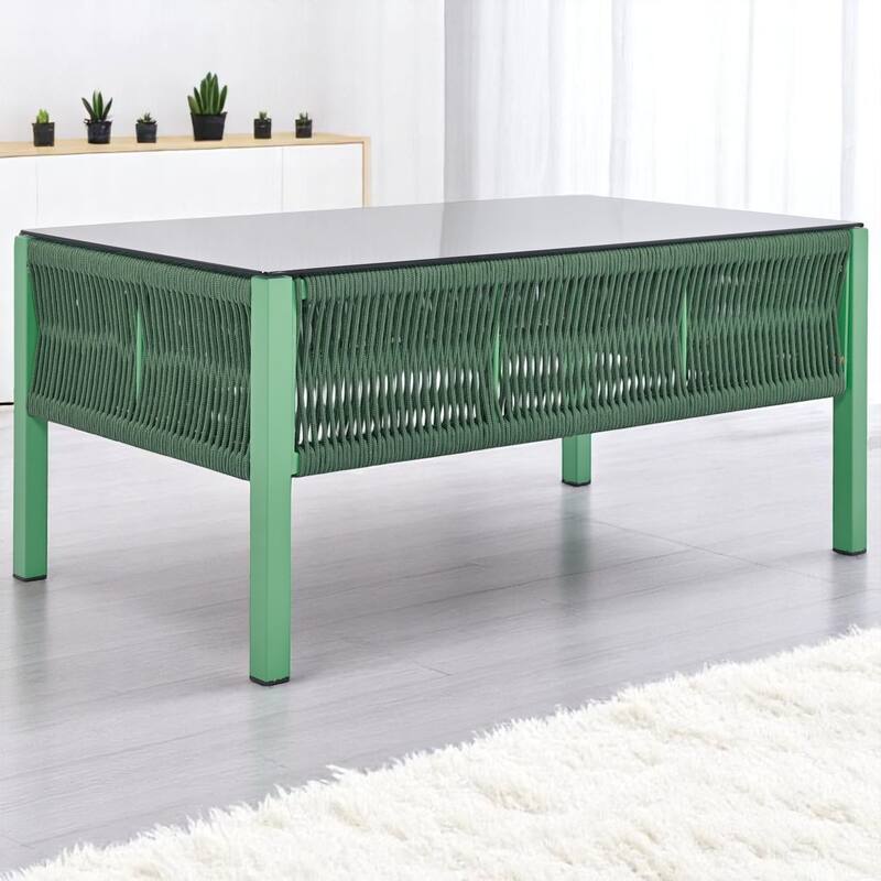 4-Piece Boho Patio Furniture Set with outdoor sofa Handmade Rope Weave,Tempered Glass Table, and Cushions-Patio Conversation Set