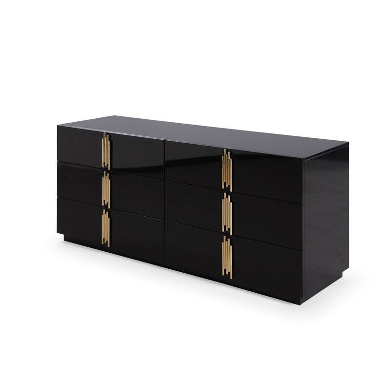 Cid Inji Dresser, 6 Drawers w Vertical Handles, 66 Inch, Glossy Black Wood