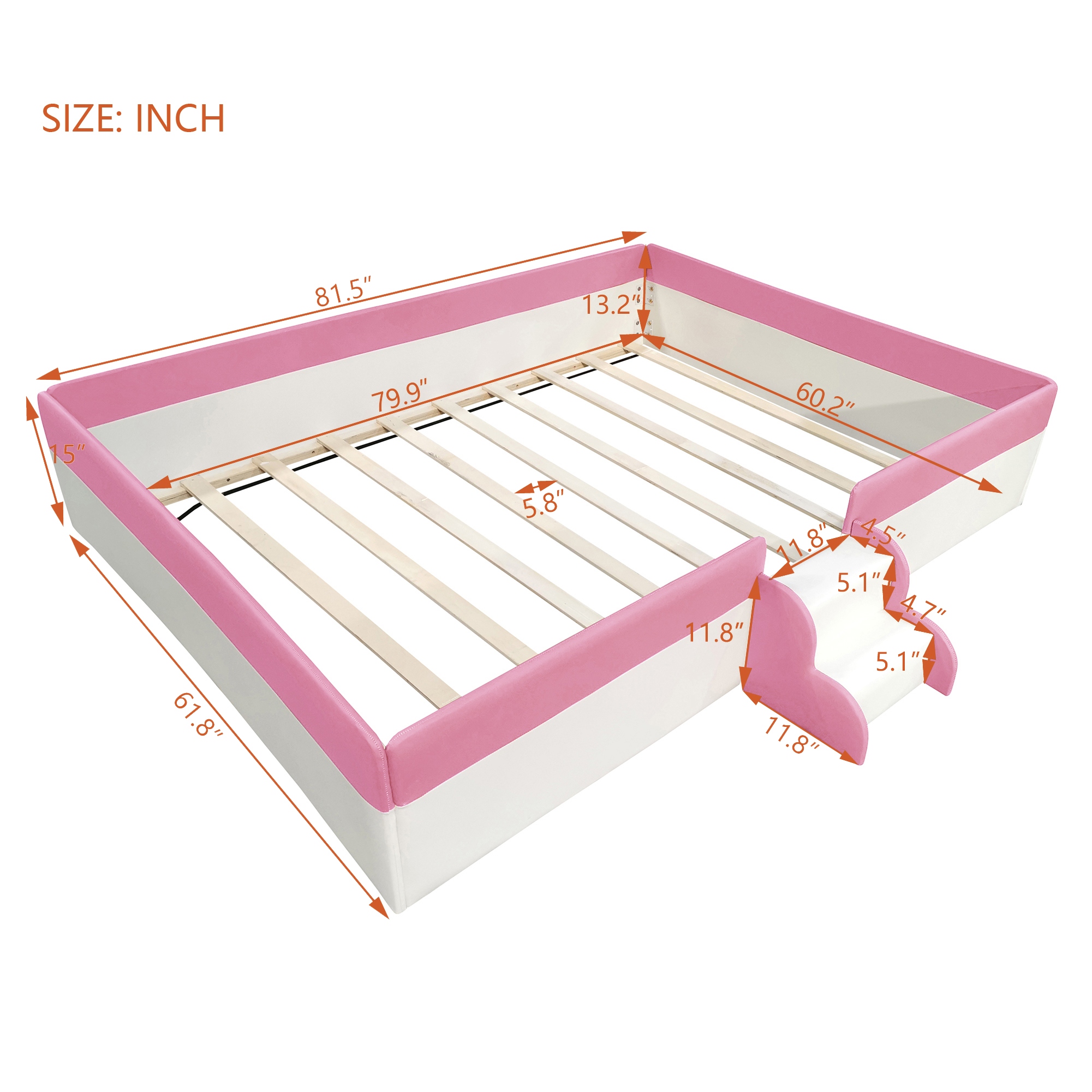 Queen Size Upholstered Daybed Frame with Fence and Stairs