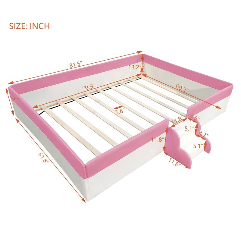 Upholstered Floor Bed Fence Bed Slat Platform Bed with Fence and Second Level Ladder, Anti-collision Frame for Kids Toddler