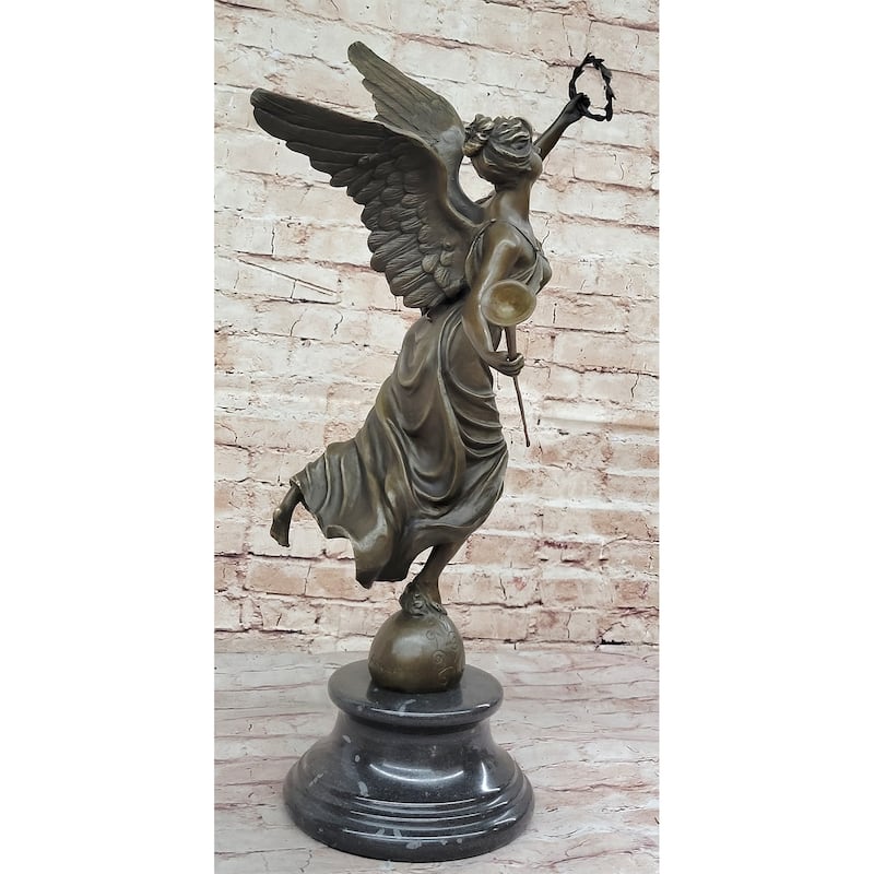 Angel Winged Female Figure Holding Wreath Trumpet Horn Bronze Sculpture Statue By Moreau