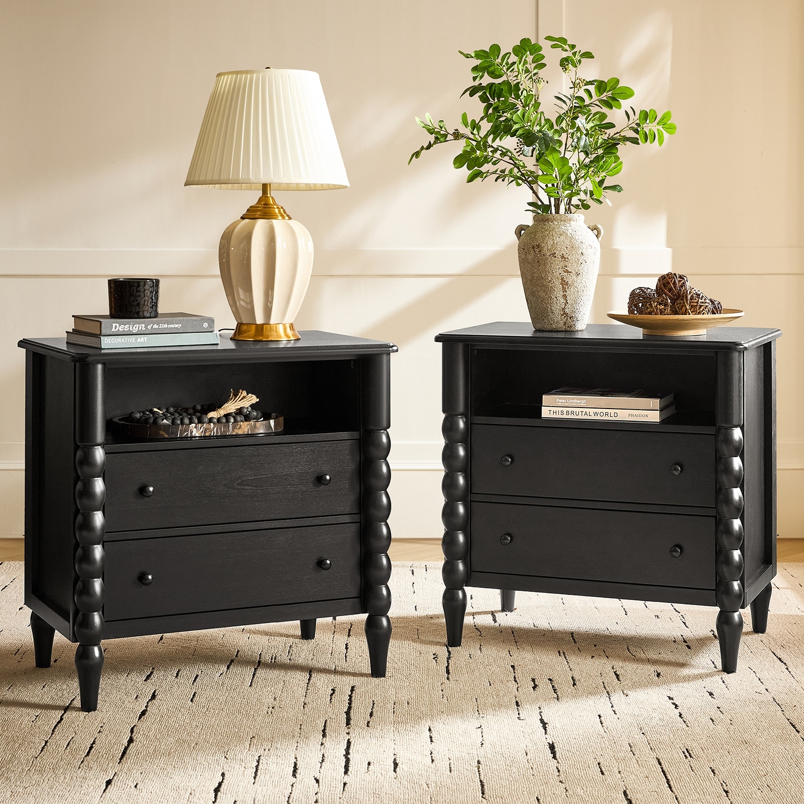 Alex Transitional 28"W 2-Drawer Spindle-Style Solid Wood End Table with Charging Station and USB Ports Set of 2 By HULALA HOME