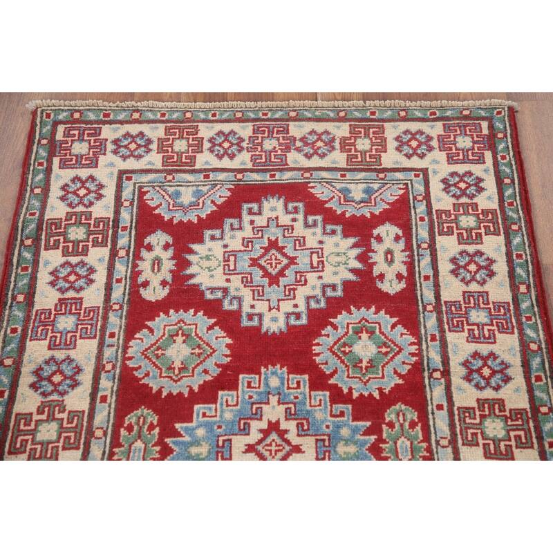 Hand Knotted Oriental 100% Wool Carpet Traditional Geometric Red Kazak Runner Rug - 6' 8'' X 2' 8''