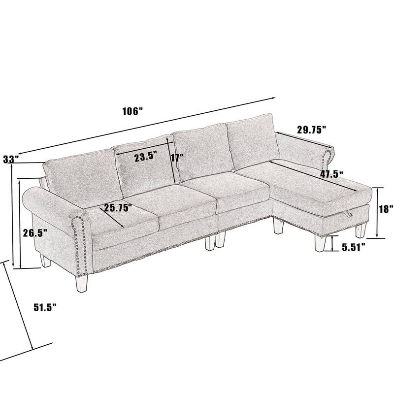 106" Modern L Shape Convertible Linen Sectional Sofa with Storage for Living Room