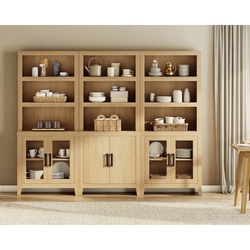 WAMPAT 74" Tall Bookshelf with Glass Doors, Farmhouse Bookcase with Open Shelves