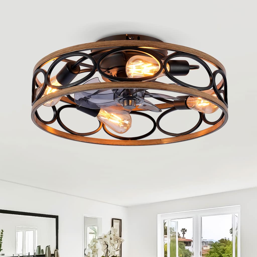 20 '' Farmhouse Caged Ceiling Fan with Remote Control, Rustic Flush Mount Low Profile Reversible DC Motor Ceiling Fan