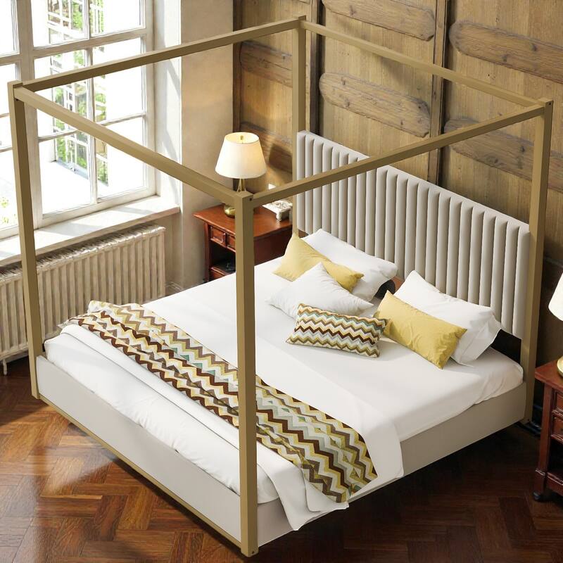 Upholstered Canopy Platform Bed with Headboard, Metal Frame Queen King Bed, No Box Spring Needed