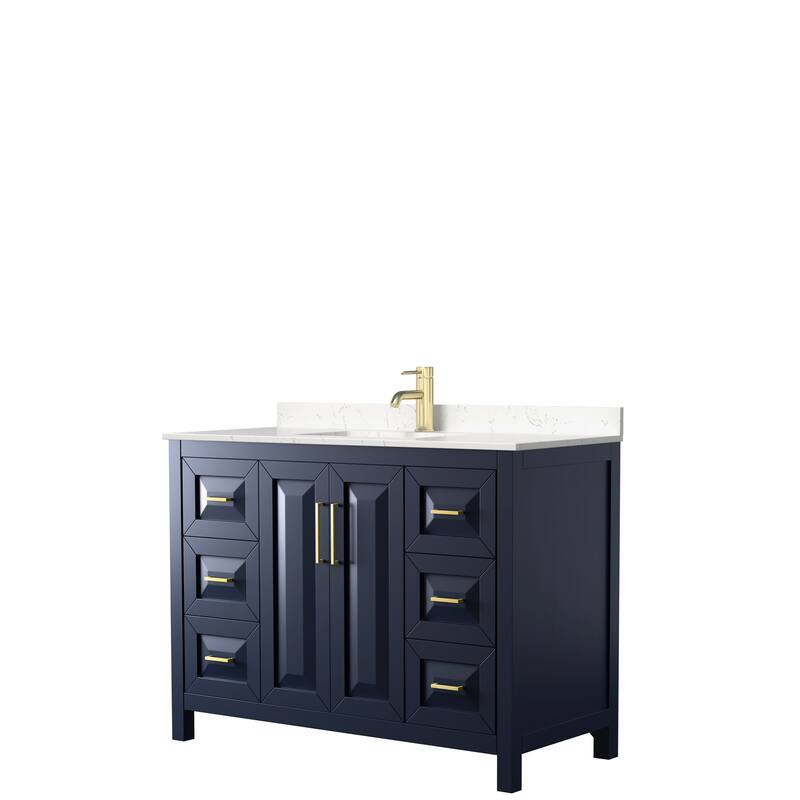 Daria 48 Inch Single Vanity, Cultured Marble Top - Dark Blue, Gold Trim, Carrara Cultured Marble Top