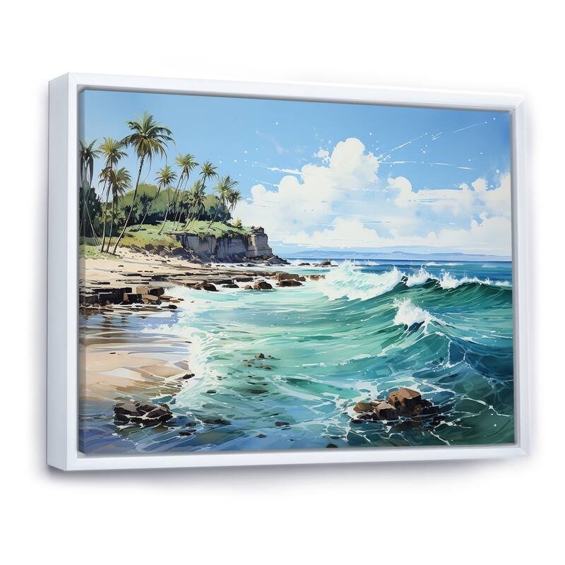 Designart "Turquoise Palm Tree Tropics Breeze" Palms & Palm Trees Framed Wall Decor