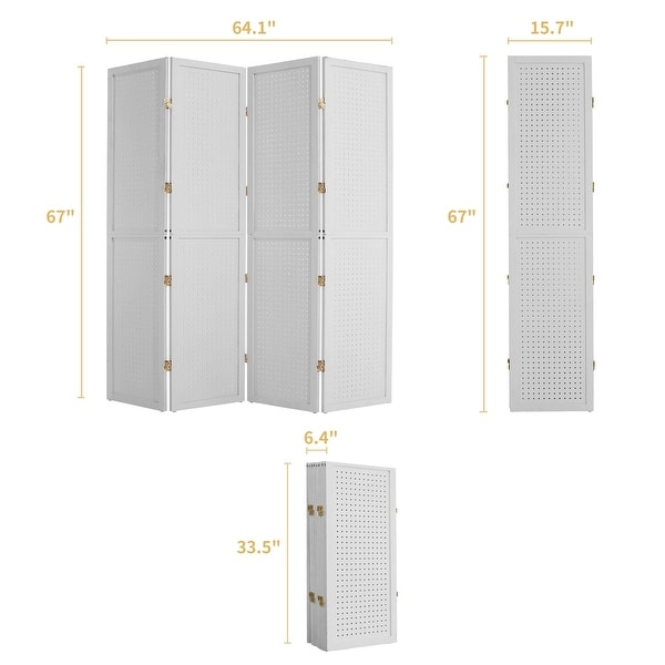 dimension image slide 1 of 3, 4 Panel Pegboard Display Room Divider 5.6 FT Wooden Foldable Privacy Screen, Wood Room Divider