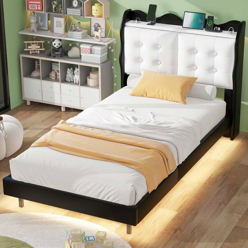Twin Upholstered Platform Bed with LED Lights, Storage Headboard & USB Ports