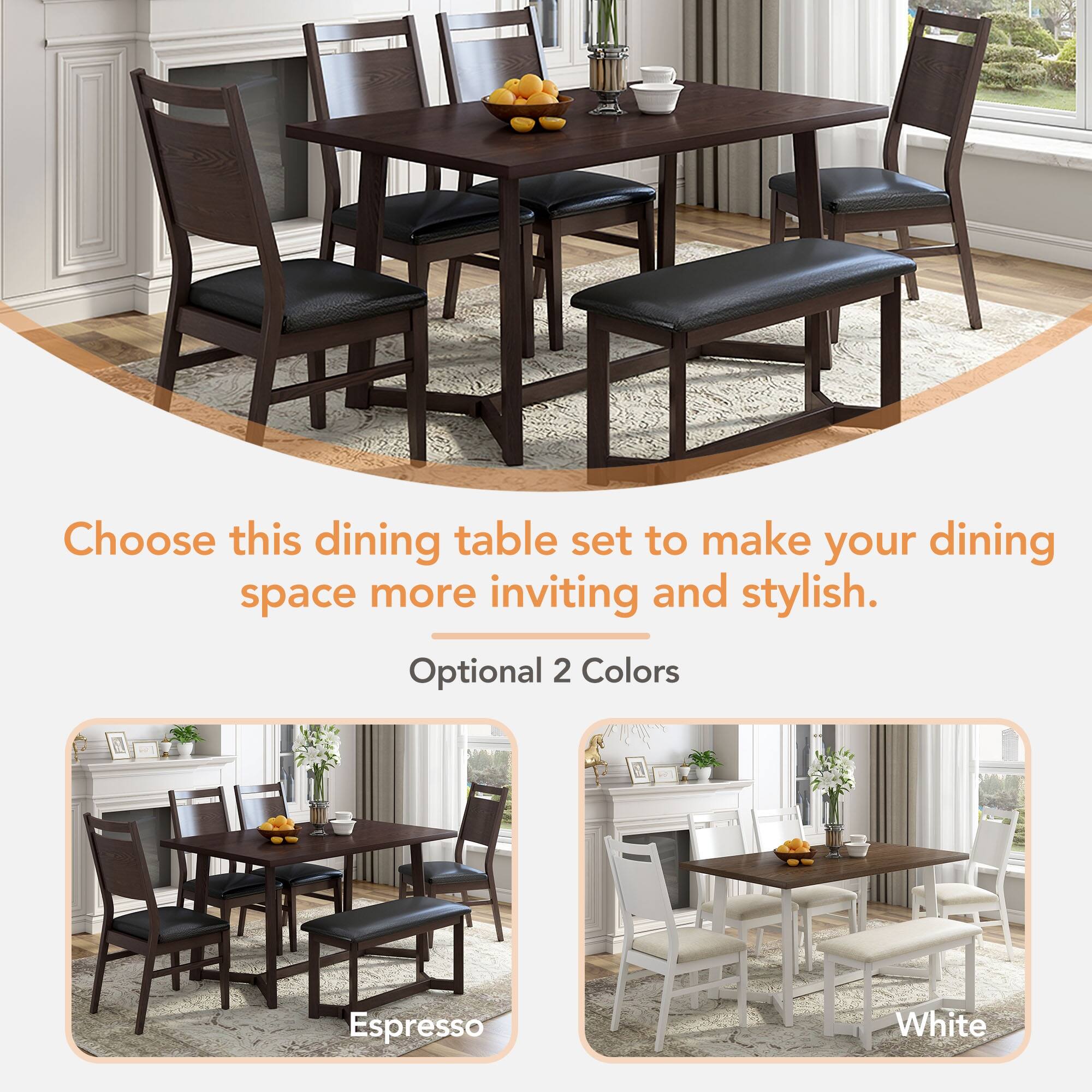 Dark Brown Farmhouse 6Piece Dining Table Set with 4 Upholstered Chairs
