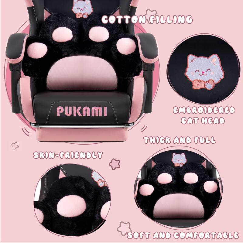 BOSSIN Gaming Chair with Cat Ears and Cat Paw Cushion Pillow,Cute Kawaii Reclining Computer Chair for Girl with Footrest