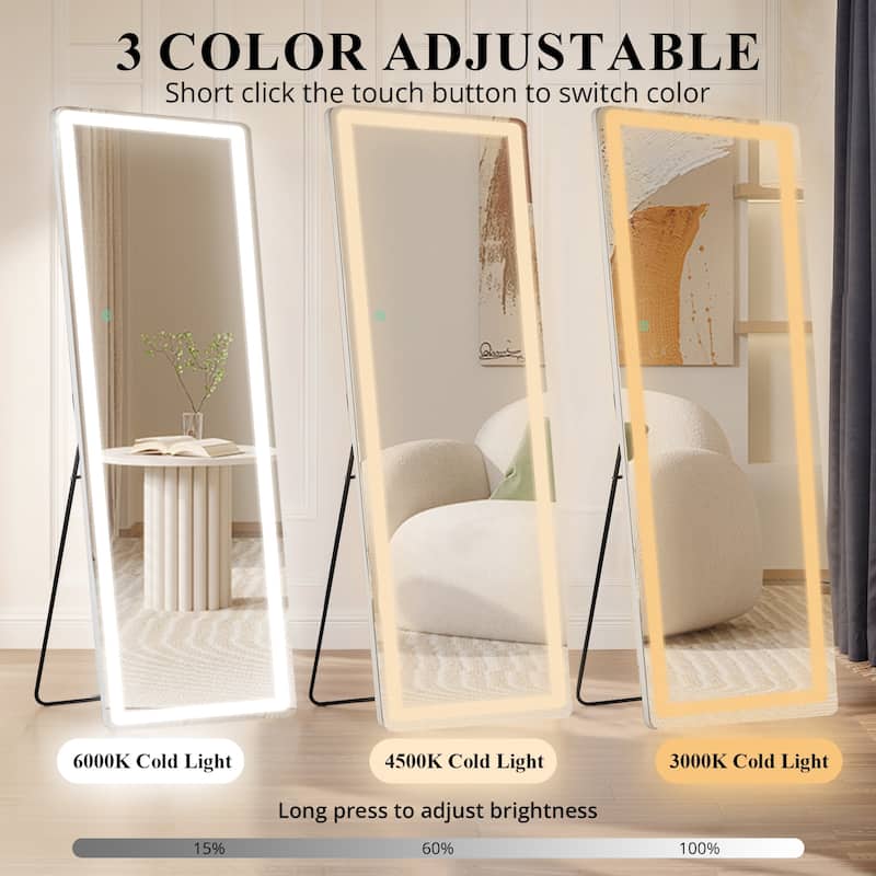 Rectangle Aluminum Alloy Frame Full Length Mirror with Stand & Dimmable 3-Color Lighting for Bedroom Cloakroom