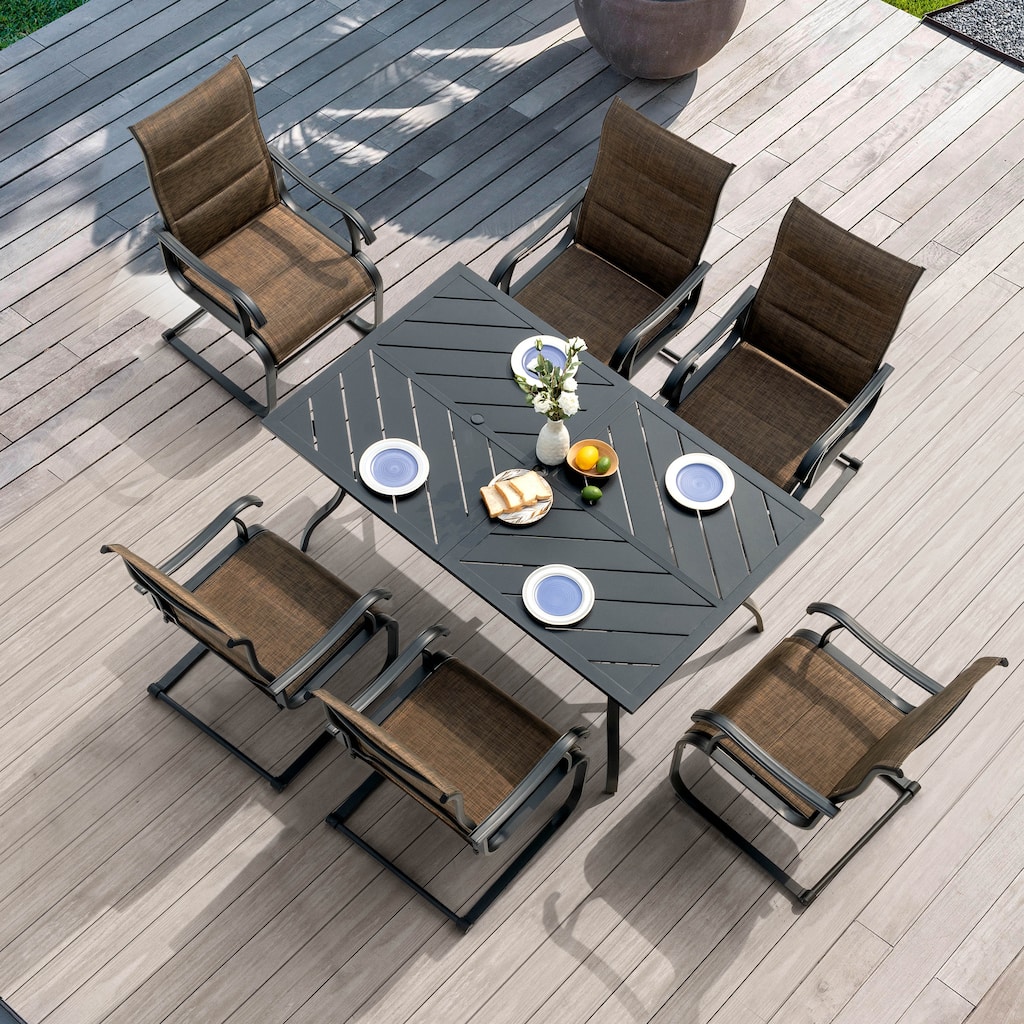 Nuu Garden Patio 7-Piece Textilene and Iron Dining Set with Umbrella Hole