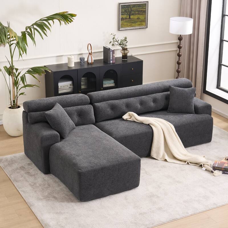 Full Compression Sponge L-Shape No-Assembly Chenille Convertible Chaise Sectional Sofa