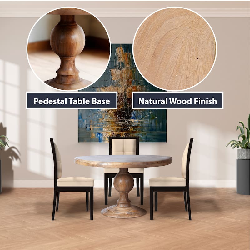 48" Round Dining Table, Antique Natural Mango Wood Pedestal Base