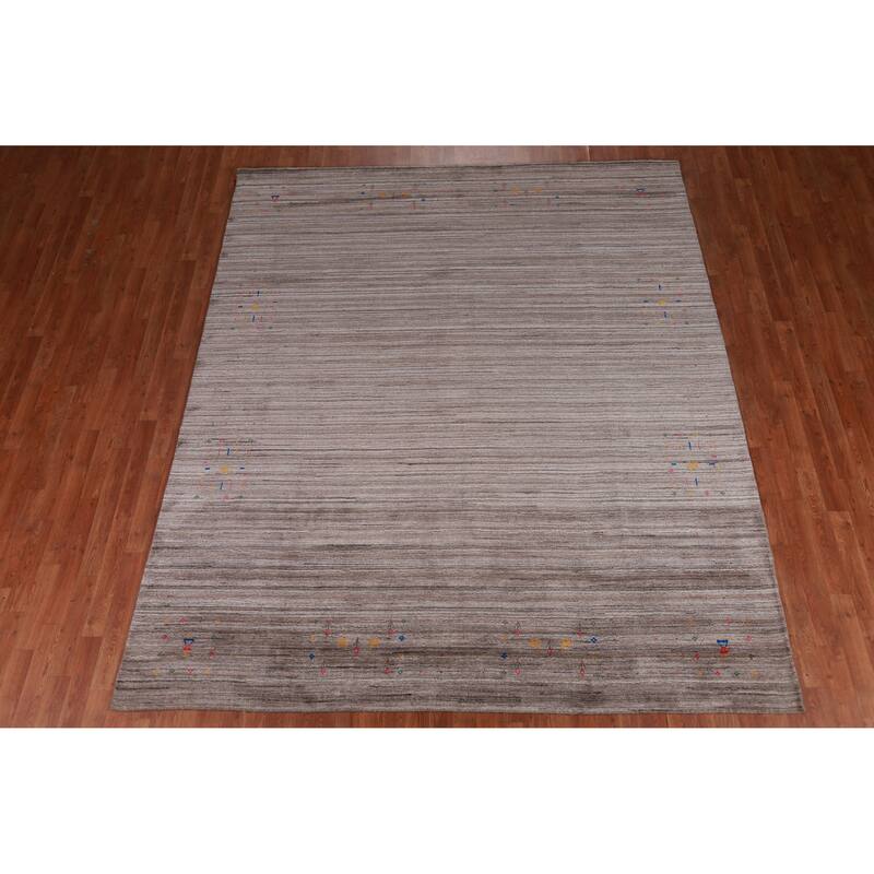Striped Brown Gabbeh Indian Area Rug Hand-Knotted Wool Carpet - 8'1" x 9'8"