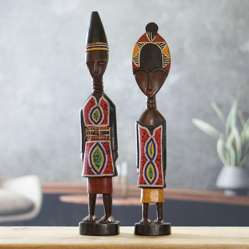 Novica Handmade Twin Spirits Hand-Beaded Wood Sculptures (Set Of 2)